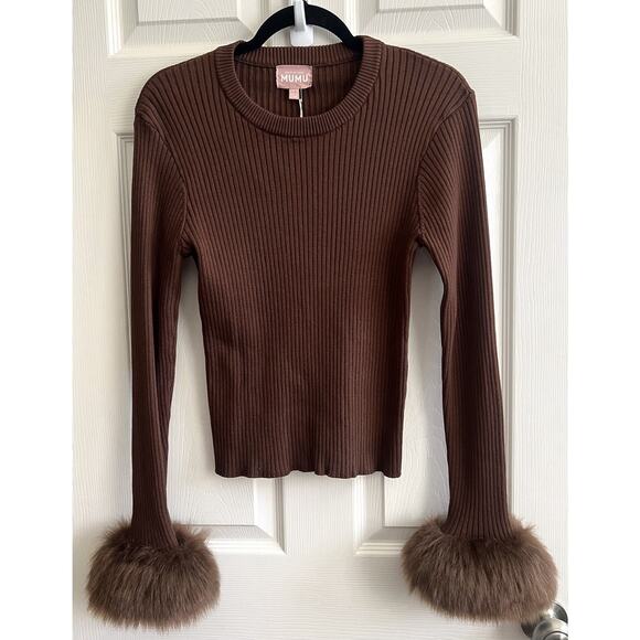 SHOW ME YOUR MUMU Fran Chocolate Brown Ribbed Faux Fur Cuffs Top Sz L NWT - Picture 2 of 10